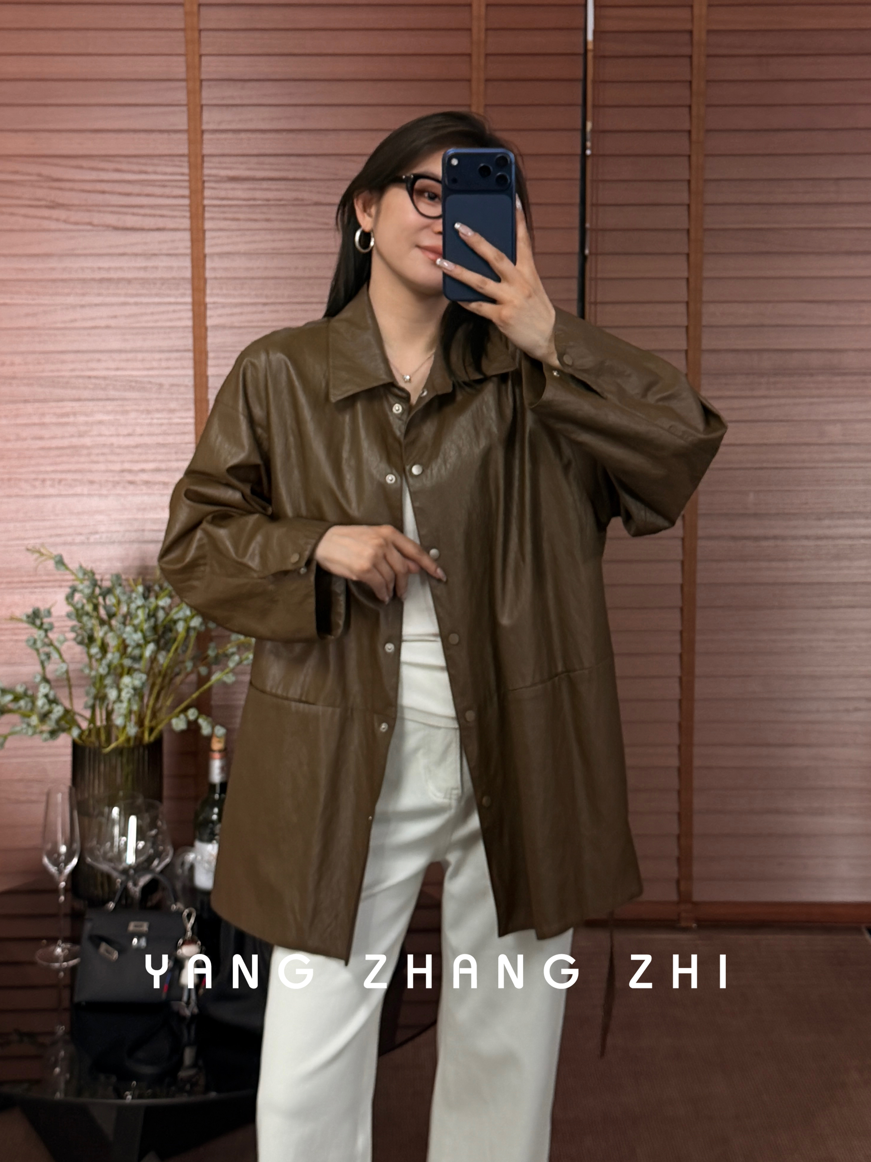 YANG【伊斯顿】多穿排扣系绳翻领皮衣外套QW108