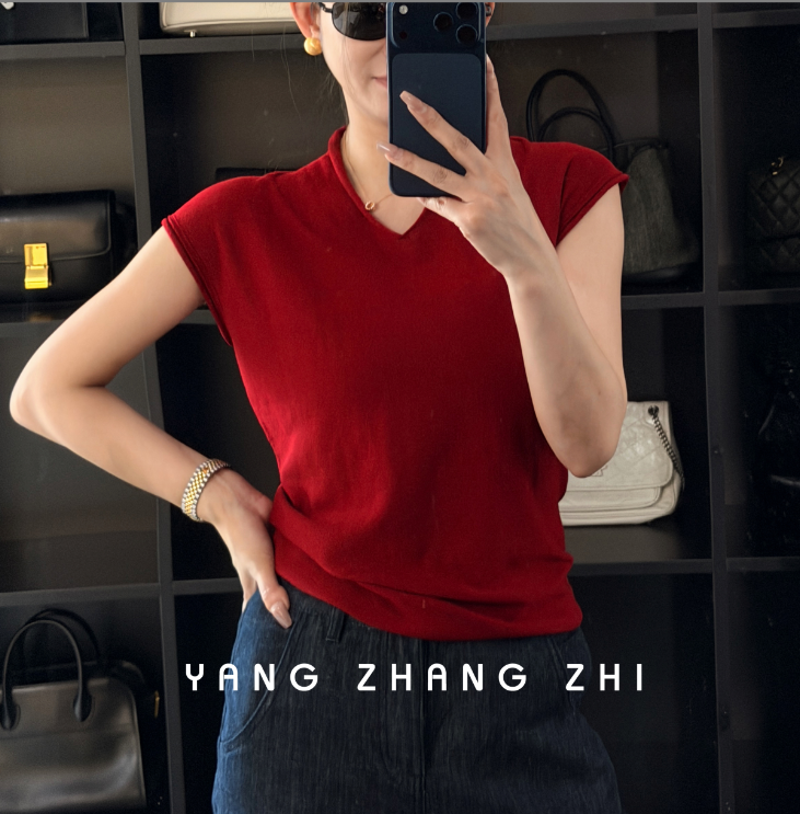YANG【亚麻羊毛】百搭显瘦简约V领无袖针织衫YXT096